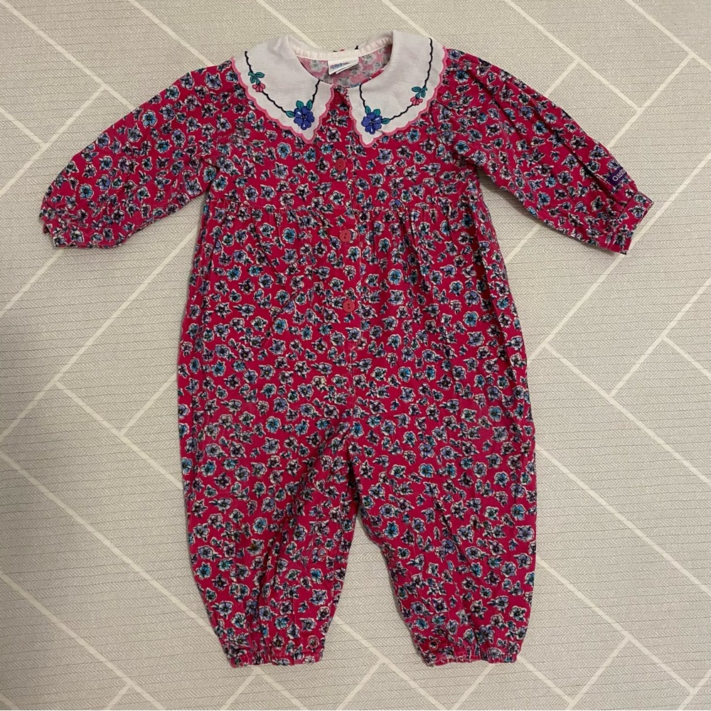 VTG)OshKosh B’Gosh Pink Corduroy Floral Jumper Embroidered Collar Girls Size 18M
